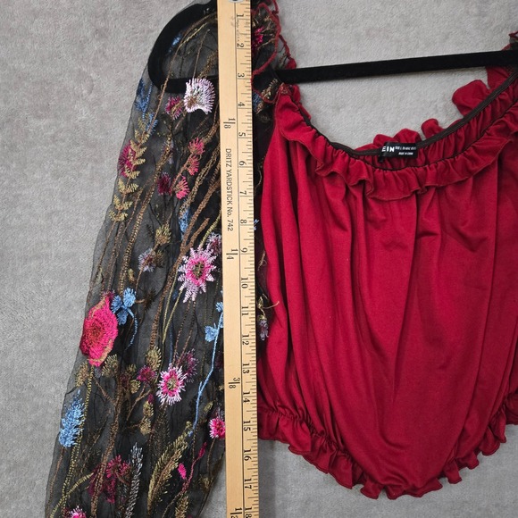 Floral‎ Mesh Sheer Embroidered Puff Sleeve Whimsical Crop Top Fairy Large Womens - Picture 4 of 7